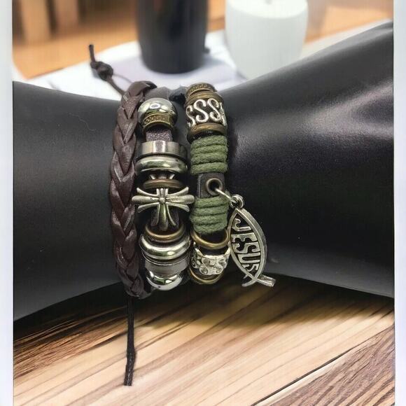 Jesus ICHTHUS Fish Charm Leather Adjustable Bracelet Set Boho Stack 6.5–7.5 in - Picture 2 of 15